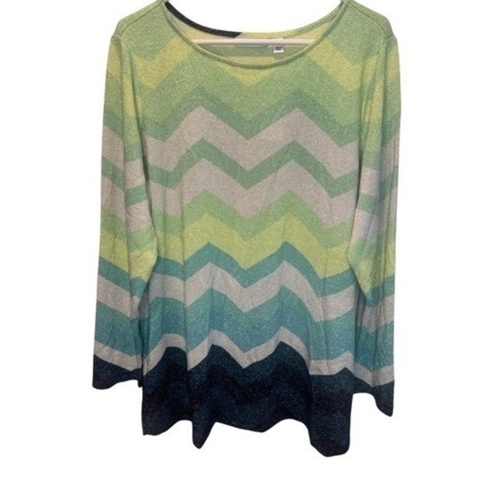 Susan Graver Womens Green Blue Chevron Metallic Knit Tunic Top XL NEW